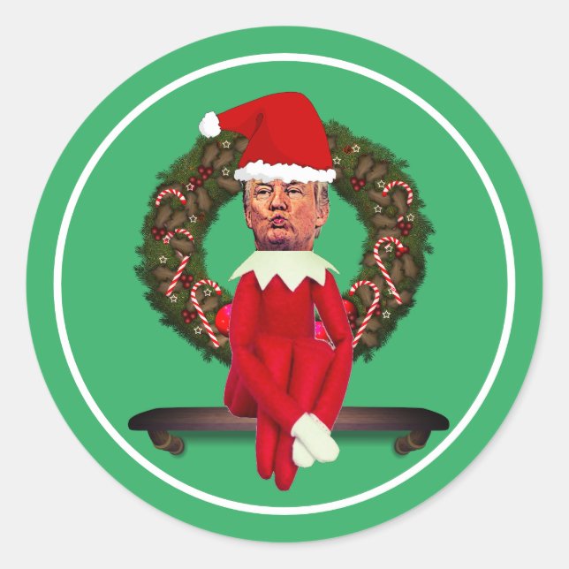 Adesivo Redondo Trump como um Elf Feio de Natal (Frente)
