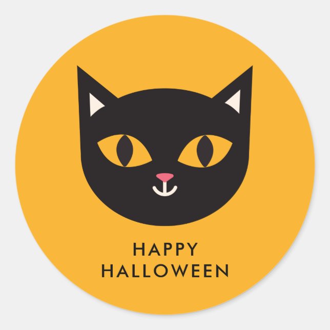 Adesivo Redondo Truque de Gato Preto Feliz de Halloween ou Tratar (Frente)