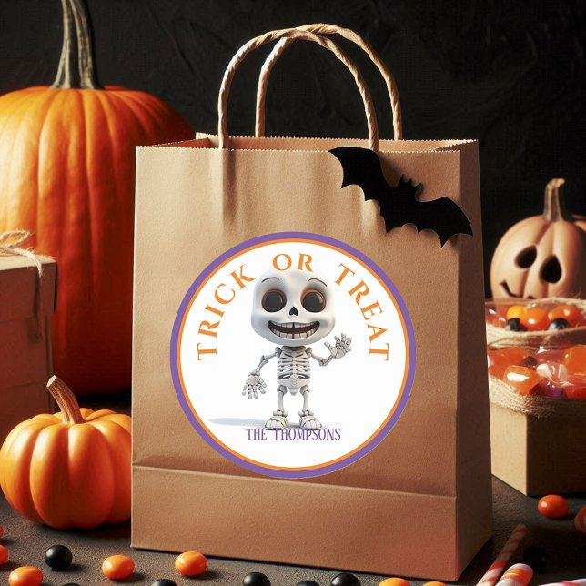 Adesivo Redondo Truque de Halloween ou tratar esqueleto de Cabeça  (Criador carregado)