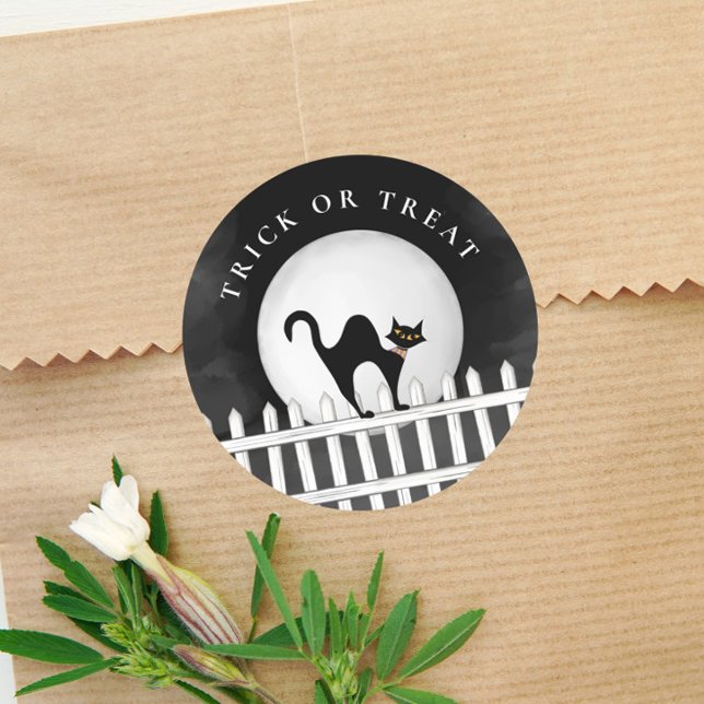 Adesivo Redondo Truque De Halloween Ou Tratar Gato Preto Assustado (Criador carregado)