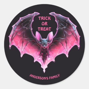 Adesivo Redondo Truque Ou Tratamento De Bat De Halloween Rosa