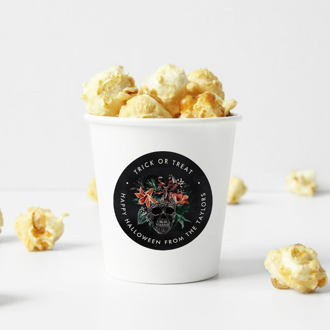 Adesivo Redondo Truque ou Tratamento de Halloween Tropical Floral (Criador carregado)