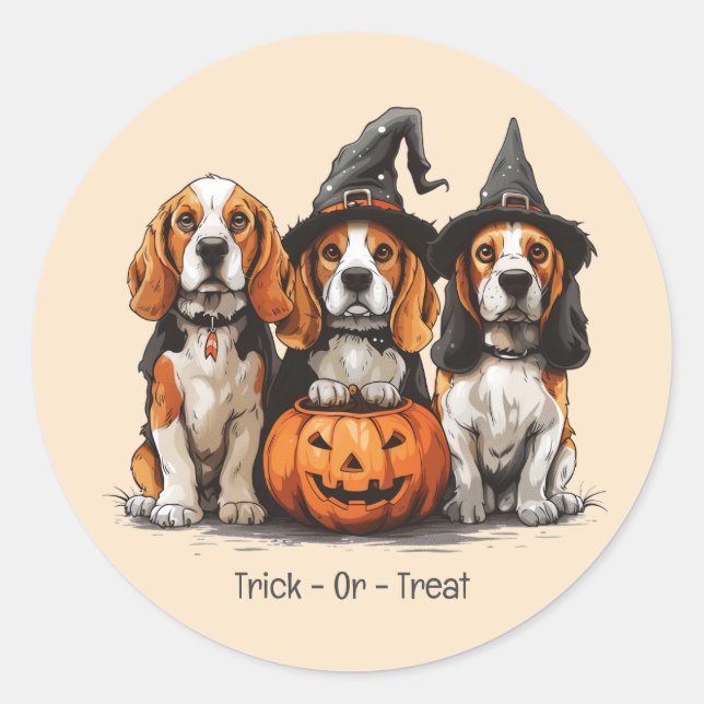 Adesivo Redondo Truque Ou Tratar Cães De Beagle Halloween (Frente)