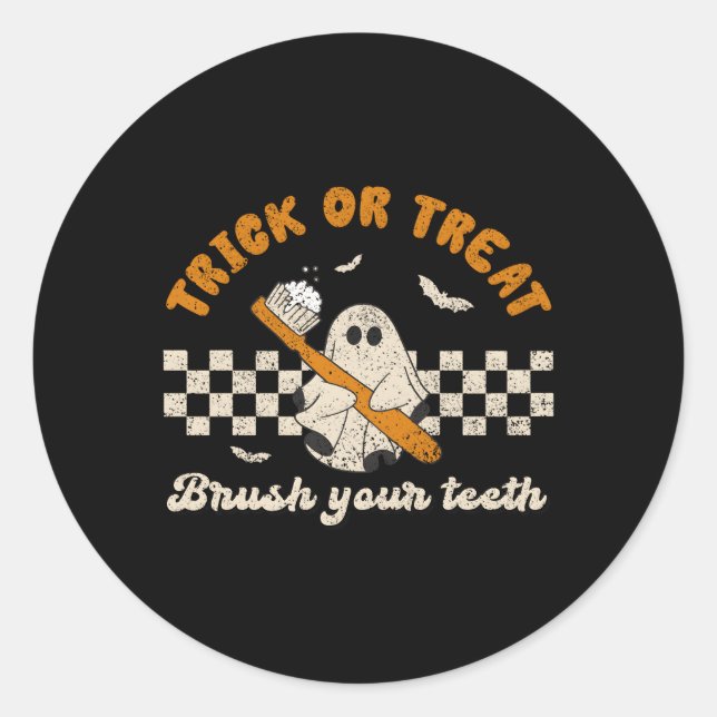 Adesivo Redondo Truque Ou Tratar Escove O Seu Dentista Halloween (Frente)