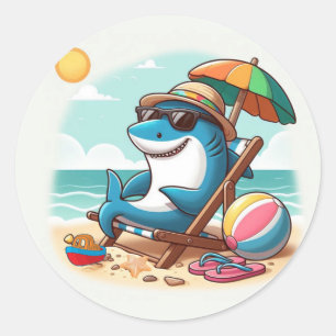 Adesivo Redondo Tubarão-cartoon gritante/praia