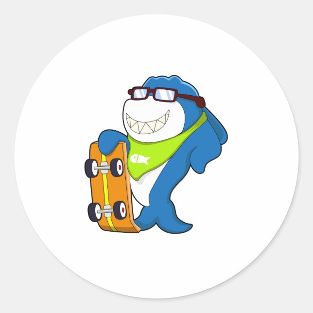 Adesivo Redondo Tubarão como skater com skate (Frente)