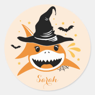 Adesivo Redondo Tubarão Fofo Halloween Bruxa Nome Personalizado