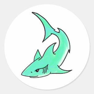 Adesivo Redondo tubarão sorridente desenho animado azul verde ocea