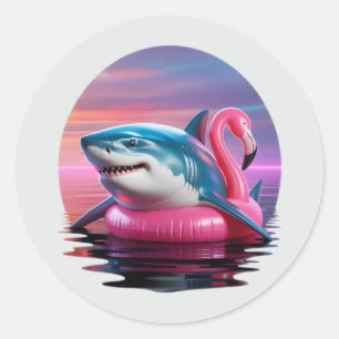 Adesivo Redondo Tubarão Vaporwave engraçado no Flamingo Piscina Fl