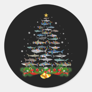 Adesivo Redondo Tubarões de Natal com tubarão dão presentes a m