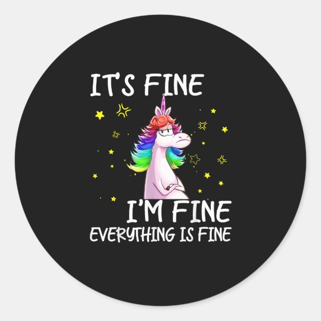 Adesivo Redondo Tudo Bem, Tudo Muito Engraçado, Unicórnio. (Frente)