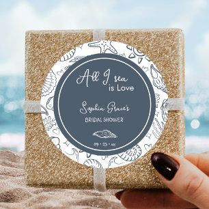 Adesivo Redondo Tudo o que Vejo é Amor Conchas do Mar Azul-Naval G