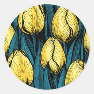 Adesivo Redondo Tulipas amarelas com folhas azuis