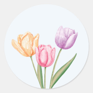 Adesivo Redondo Tulipas Coloridas em Aquarela em Azul Claro