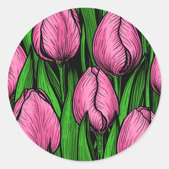Adesivo Redondo Tulipas cor-de-rosa com folhas verdes (Frente)