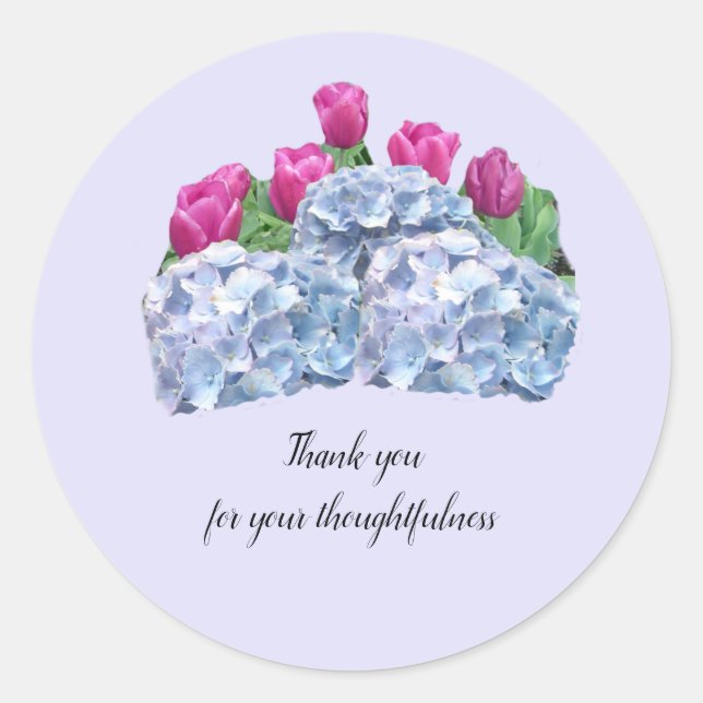 Adesivo Redondo Tulipas e Hydrangeas Obrigado Sticker (Frente)