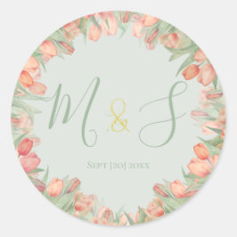 Adesivo Redondo Tulipas Primavera Rosa Peachy e Verde Água Inicial
