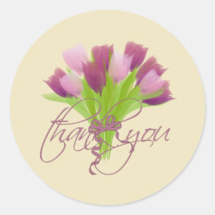 Adesivo Redondo Tulipas Rosa e Roxo Fofas Obrigada