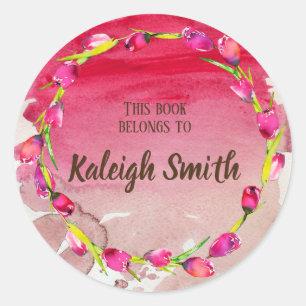 Adesivo Redondo Tulipas Roxas Rosa no Nome do Livro de Aquarelas V