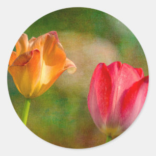 Adesivo Redondo Tulipas vermelhas e amarelas em fundo texturizado