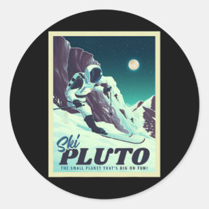 Adesivo Redondo Turismo Espacial Retro Esqui Plutão Esquiador Esqu