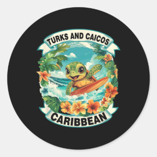 Adesivo Redondo Turks e Caicos Caribe Tartaruga Marinha Fofo Surfa