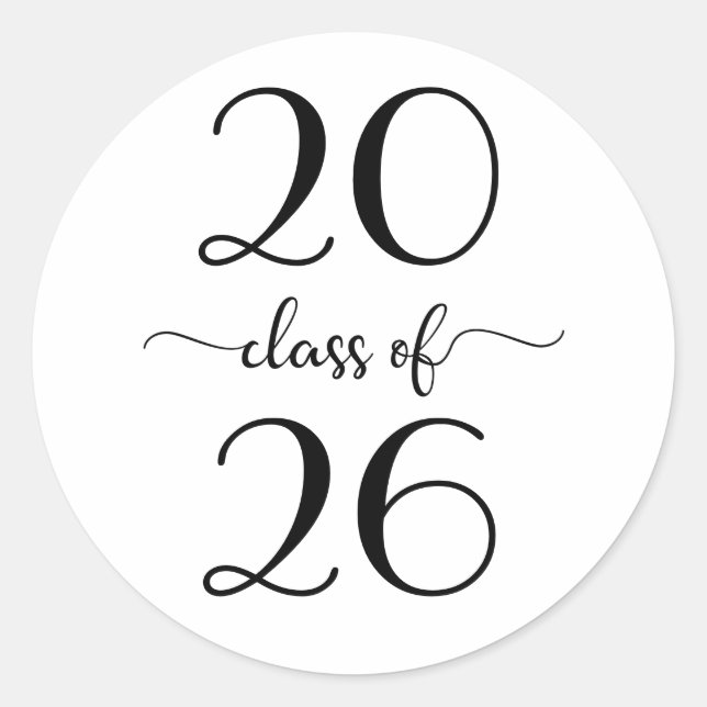 Adesivo Redondo Turma de 2026 Moderno Script Branco Preto Graduaçã (Frente)