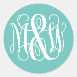 Adesivo Redondo Turq Branco Monograma de Vinha B&G Script DIY BG