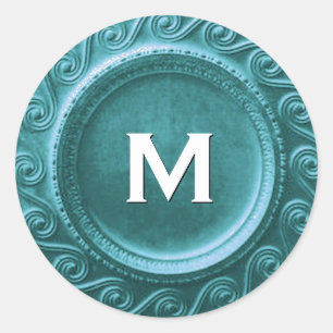 Adesivo Redondo Turquesa Art Deco Monograma M Sticker