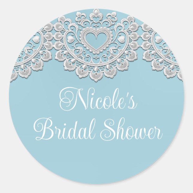Adesivo Redondo Turquesa Azul Branco Renda Coração Casamento Noiva (Frente)