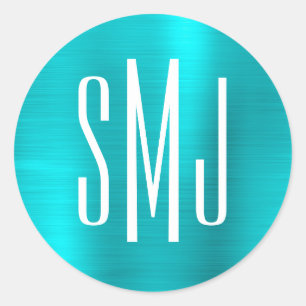 Adesivo Redondo Turquesa Blue Foil Três Letras Monograma