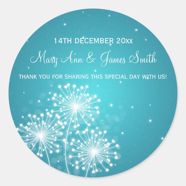 Adesivo Redondo Turquesa de Verão de Casamento Elegante (Frente)