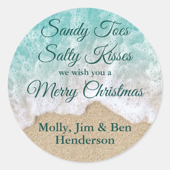 Adesivo Redondo Turquesa Sandy Toes Salty Kisses Feliz Natal (Frente)