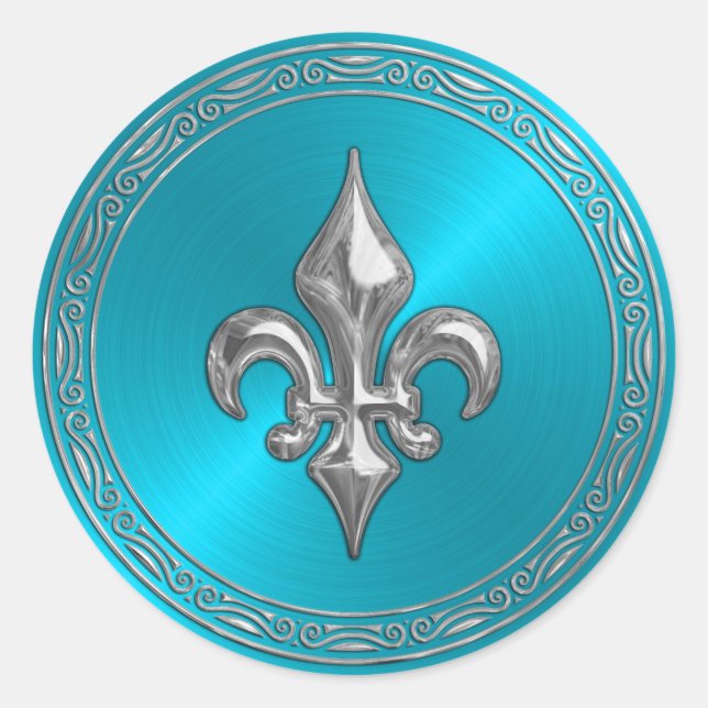 Adesivo Redondo Turquesa Sheen e Silver Fleur de Lis (Frente)
