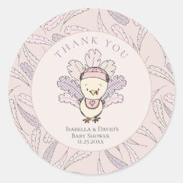 Adesivo Redondo Turquia e Penas Queda Chá de fraldas Garota Obriga