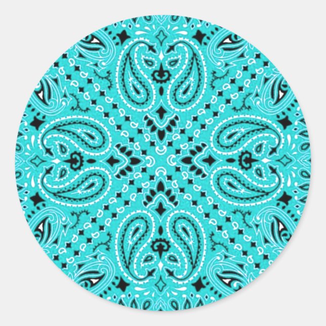 Adesivo Redondo Turquoise Aqua Paisley Western Bandana Scarf Impre (Frente)