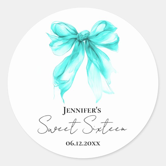 Adesivo Redondo Turquoise Bow Coquette Script Sweet 16 Party  (Frente)