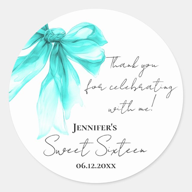 Adesivo Redondo Turquoise Bow Coquette Script Sweet 16 Thank You  (Frente)