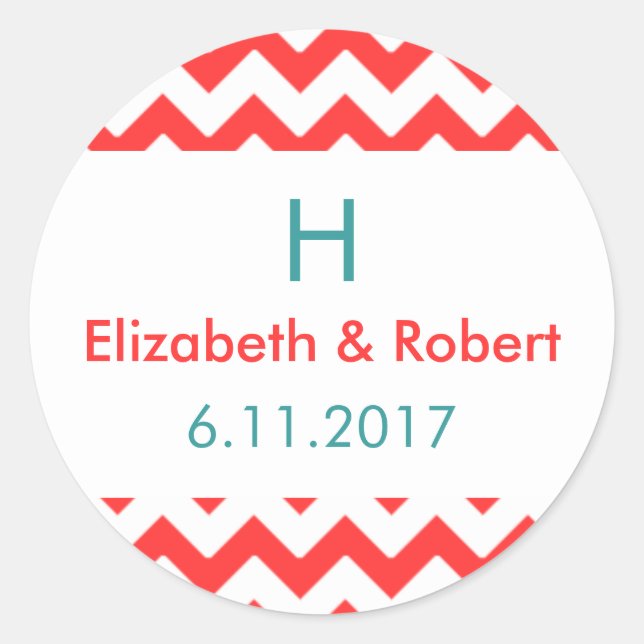 Adesivo Redondo Turquoise e Coral Chevron Wedding (Frente)
