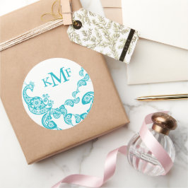 Adesivo Redondo Turquoise Floral Paisley Peacock Favor do Casament