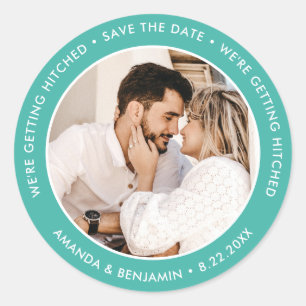 Adesivo Redondo Turquoise Modern Weding Photo Save The Date (Foto