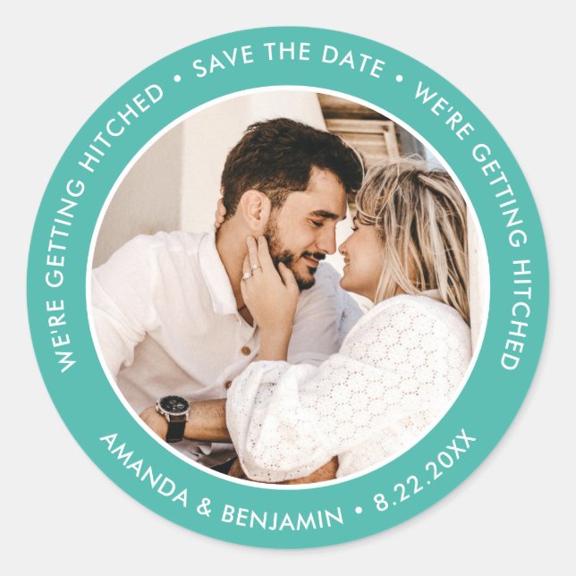 Adesivo Redondo Turquoise Modern Weding Photo Save The Date (Foto  (Frente)
