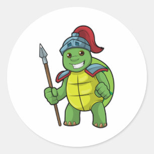 Adesivo Redondo Turtle como guerreiro com Spear e Helmet