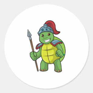 Adesivo Redondo Turtle como guerreiro com Spear e Helmet