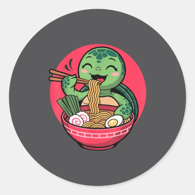 Adesivo Redondo Turtle Eating Ramen Kawaii Turtle Japanese Kawaii  (Frente)