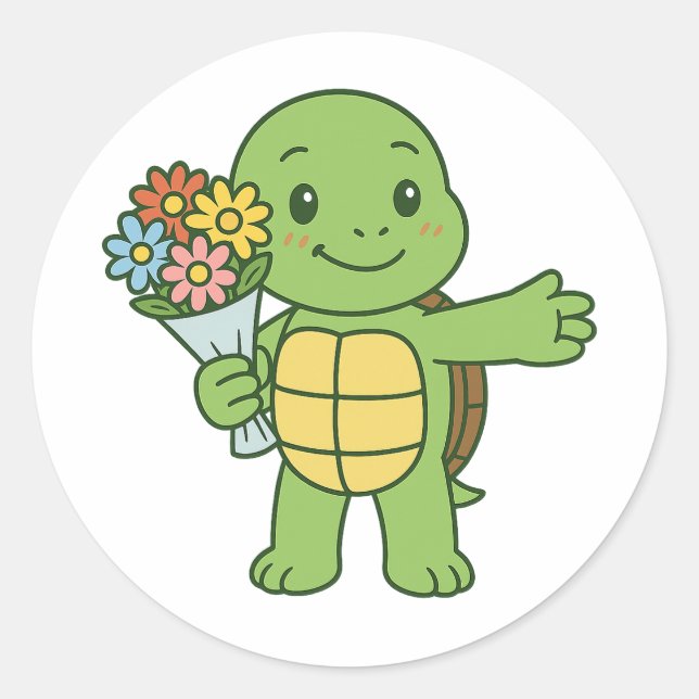 Adesivo Redondo Turtle holding a bouquet of flower (Frente)