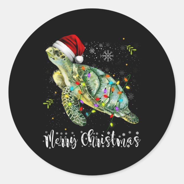 Adesivo Redondo Turtle Santa Hat Feliz Natal Luzes Xmas Holds (Frente)