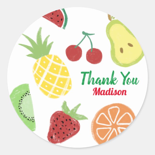 Adesivo Redondo Tutti frutti, Chá de aniversário de Verão fresco (Frente)