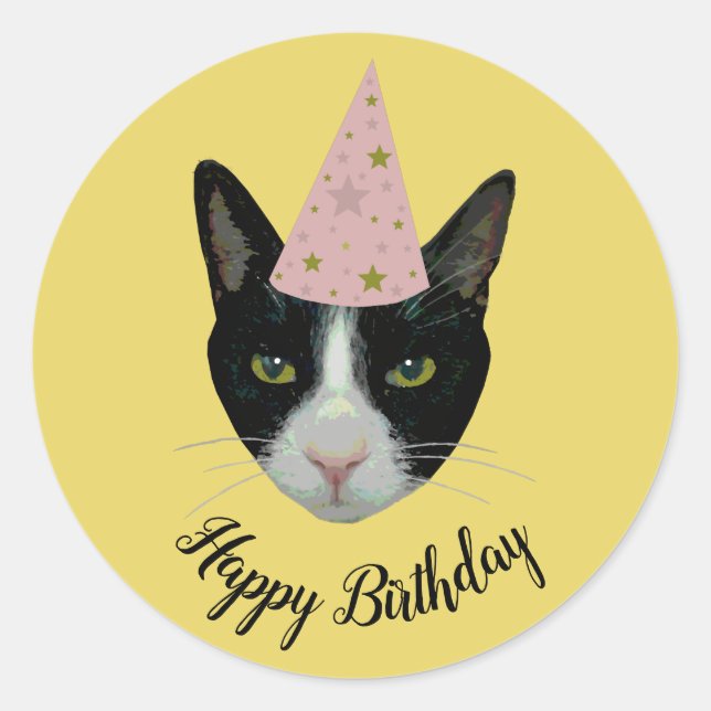 Adesivo Redondo Tuxedo Cat com chapéu de festa (Frente)