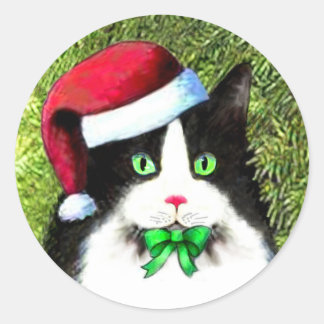 Adesivo Redondo Tuxedo Cat de Natal com Arco